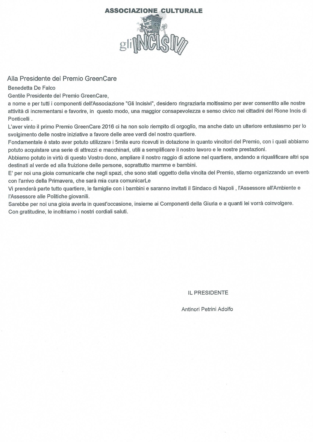Incisivi lettera premiato GreenCare