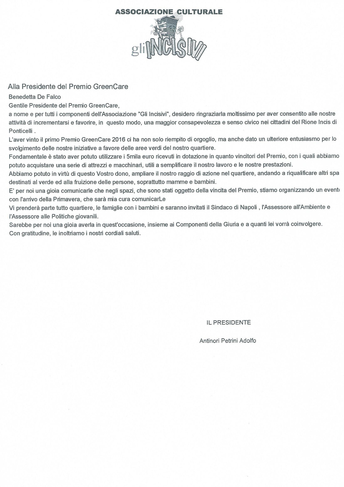 Incisivi lettera premiato GreenCare