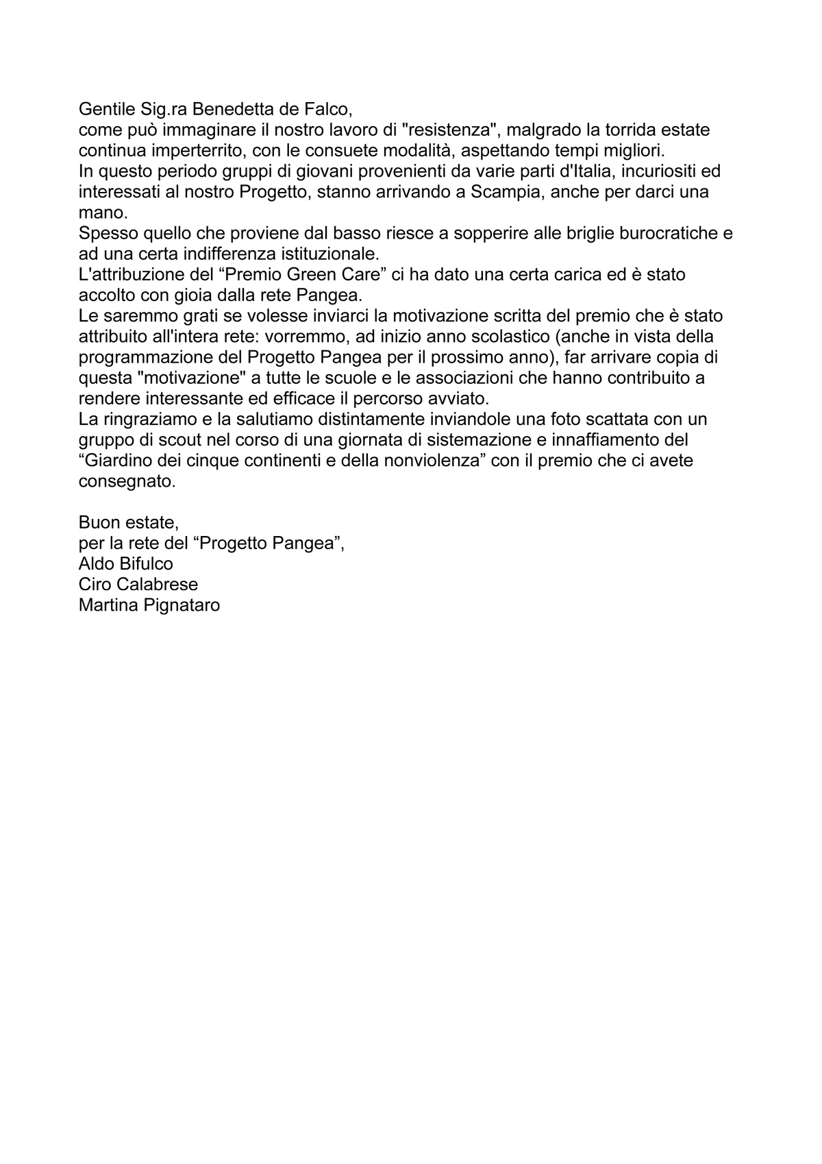 Progetto Pangea lettera premiato GreenCare