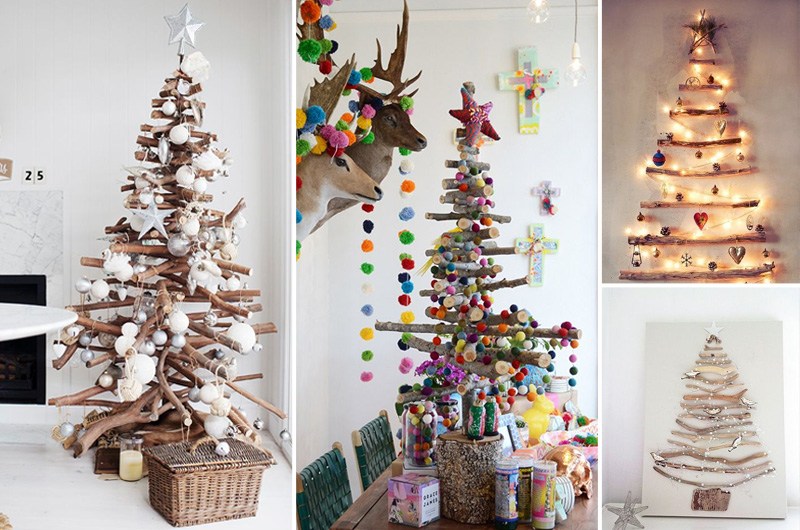 Alberi di Natale con legni portati dal mare