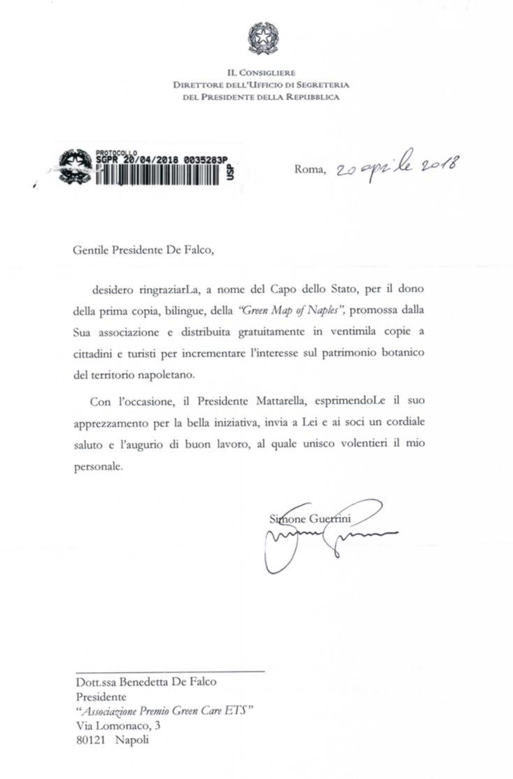 La lettera della Presidenza della Repubblica con i complimenti per la Green Map of Naples