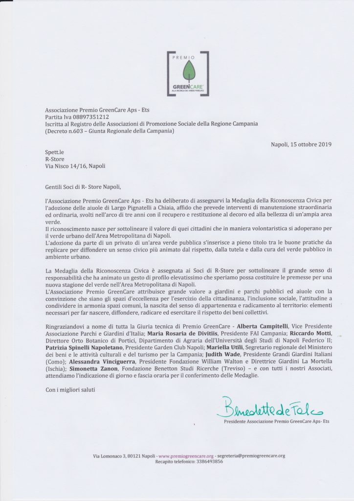 Lettera per il conferimento della Medaglia della Riconoscenza Civica all'R - Store di via Nisco 