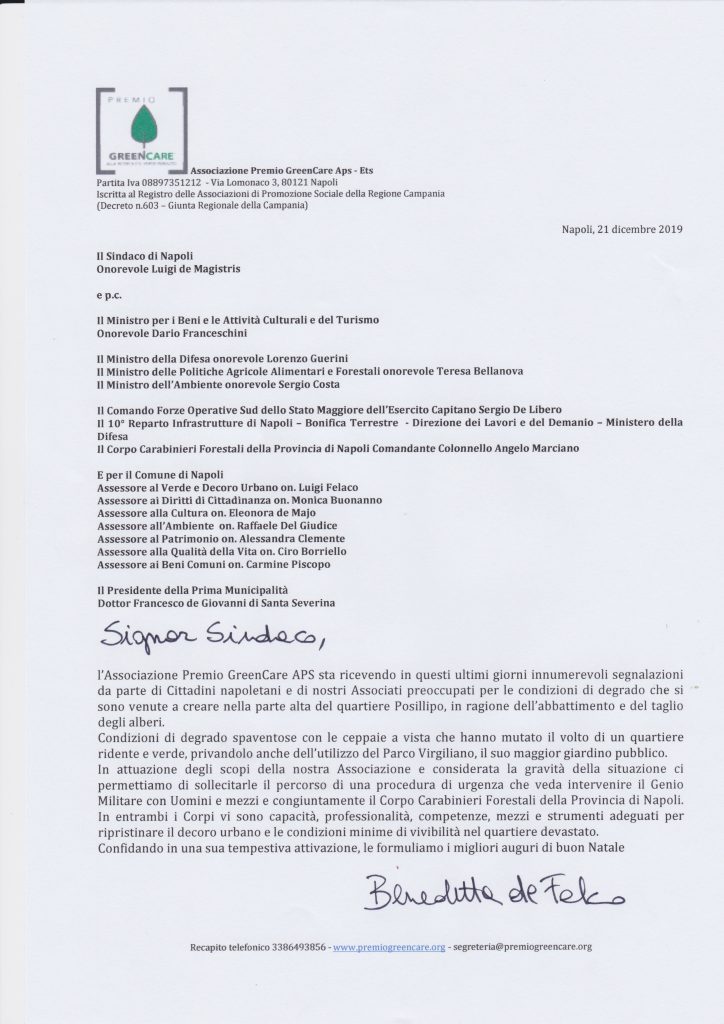 La lettera al Sindaco di Napoli per richiedere l'intervento del Genio Militare per Posillipo